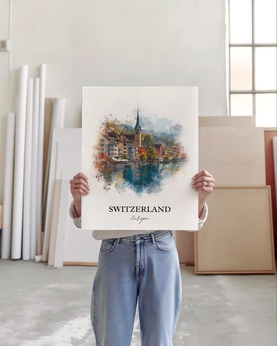 Switzerland Europe Lakeside Church Tower Watercolor Travel Poster - Image 3