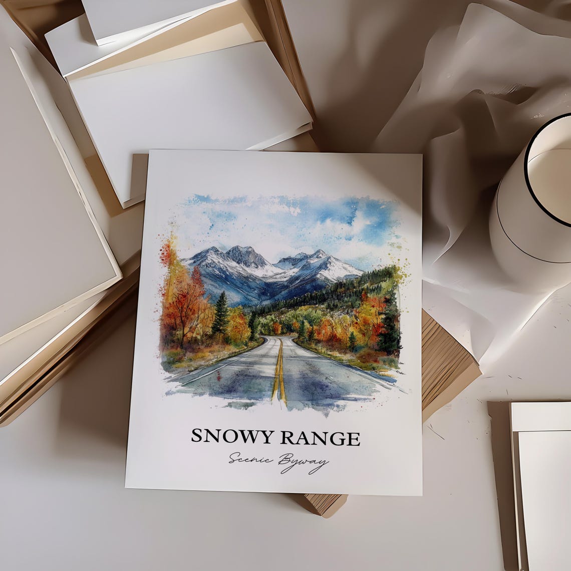 Snowy Range Scenic Byway Mountain Road Watercolor Travel Poster - Image 4