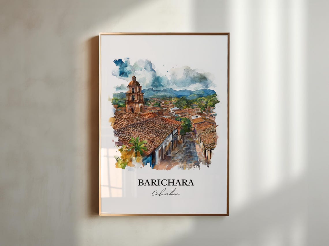 Barichara Colombia Colonial Church Rooftops Watercolor Travel Poster - Image 3