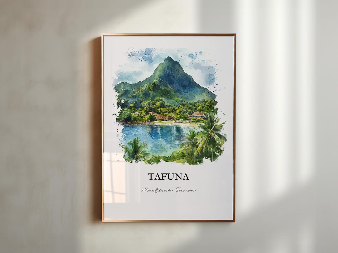 Tafuna American Samoa Tropical Coast Mountain Watercolor Art Poster - Image 2