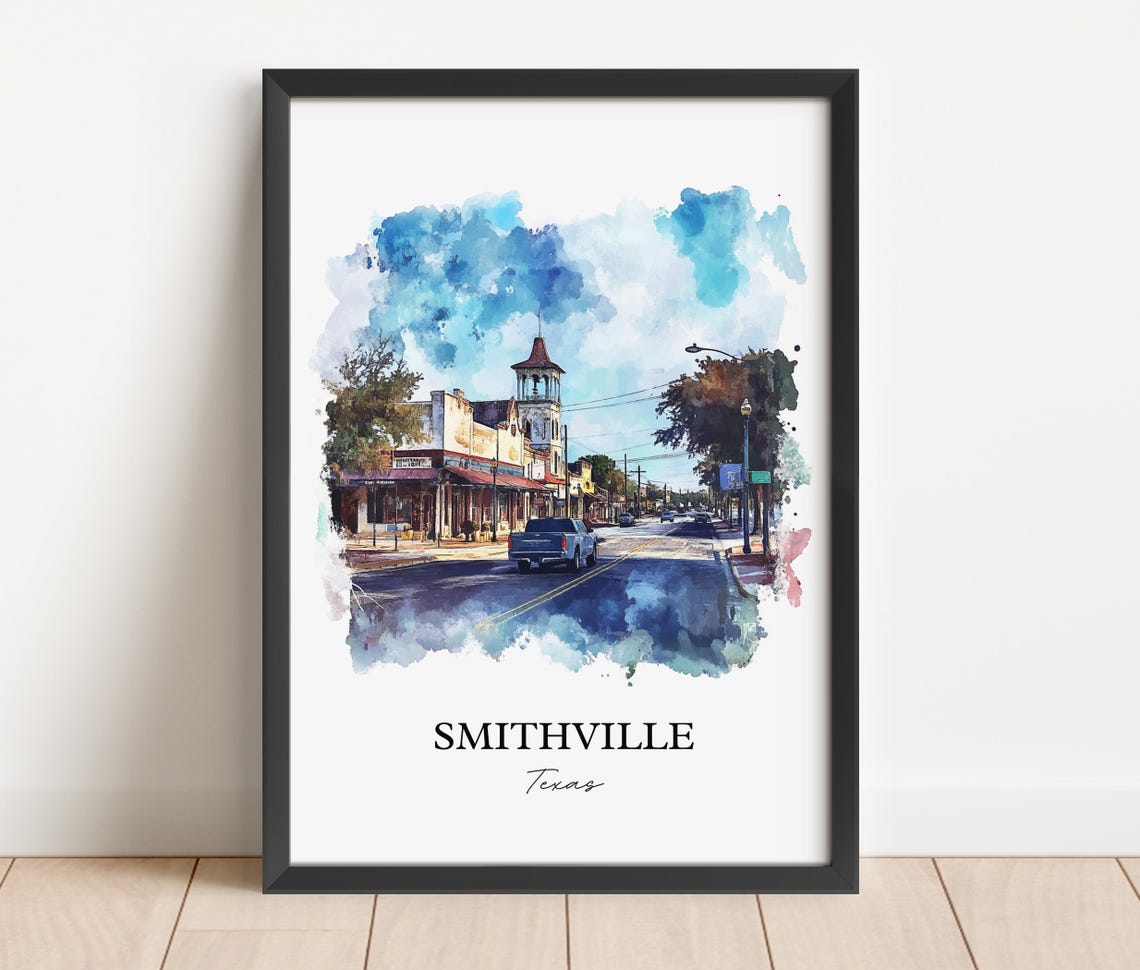 Smithville Texas Bell Tower Street Watercolor Travel Gift Poster - Image 5