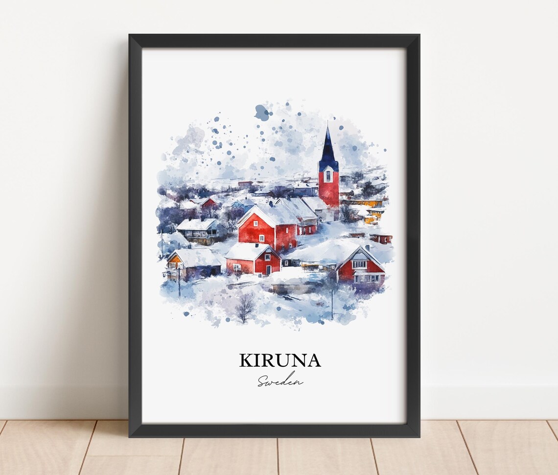Kiruna Sweden Snowy Village Red Church Watercolor Winter Poster - Image 2