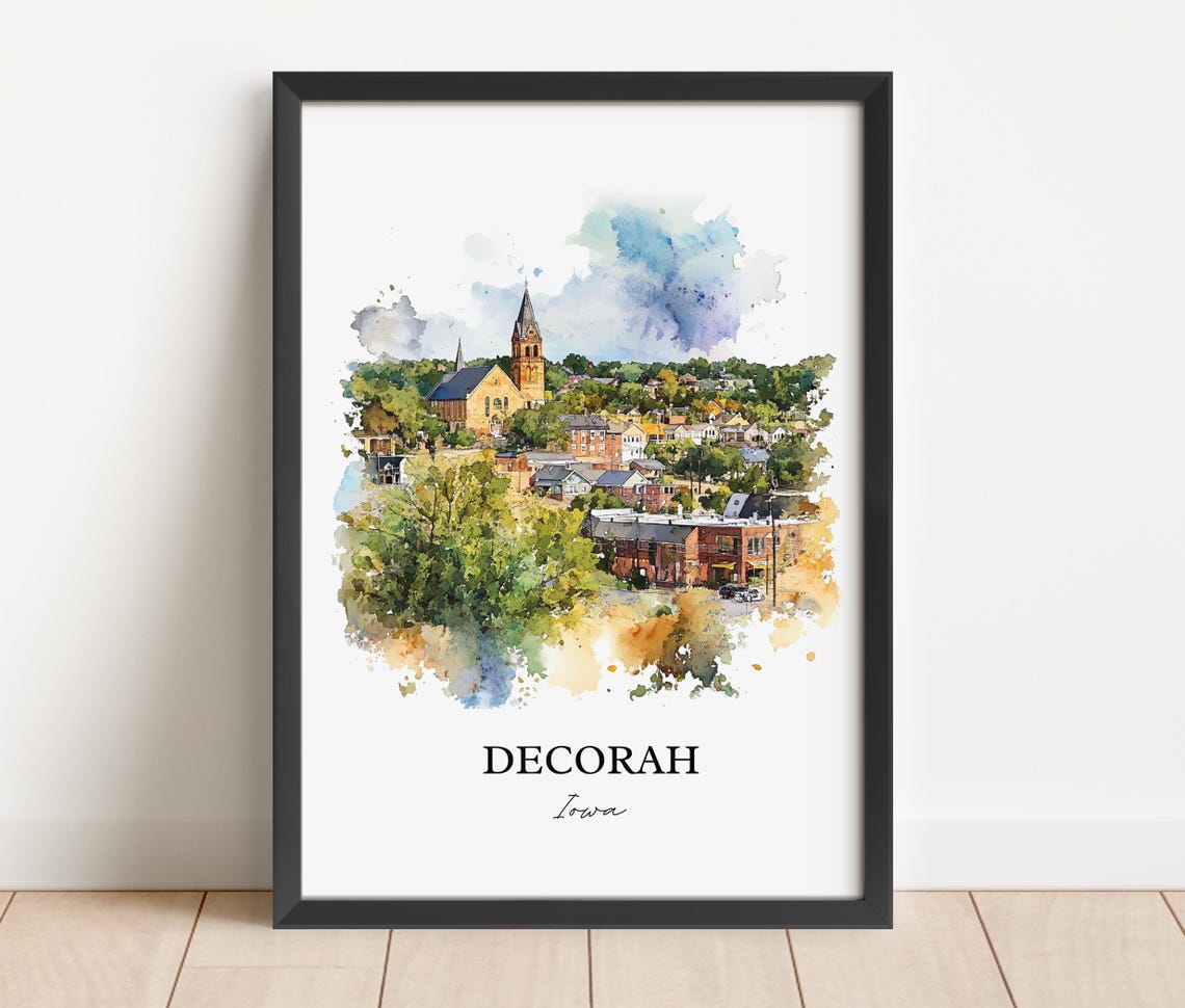 Decorah Iowa Church Spire Overlooking Town Watercolor Travel Poster - Image 3