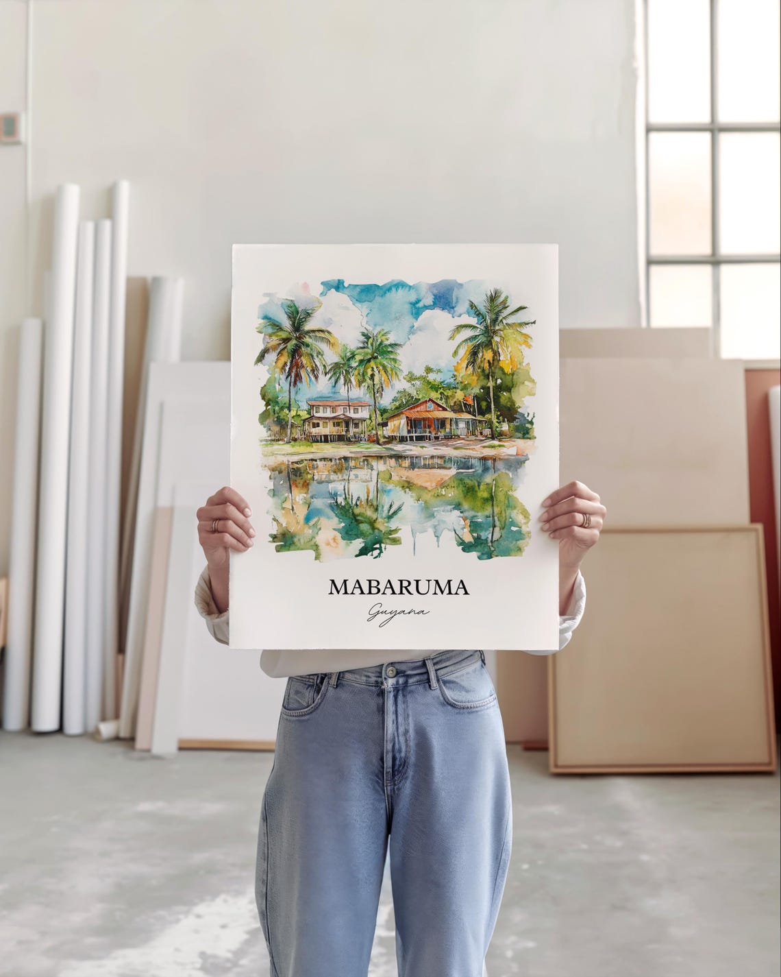Mabaruma Guyana Watercolor Riverside Houses Palms Scene Poster - Image 5
