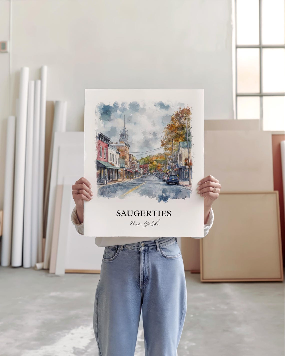 Saugerties New York Autumn Main Street Clock Tower Watercolor Poster - Image 4