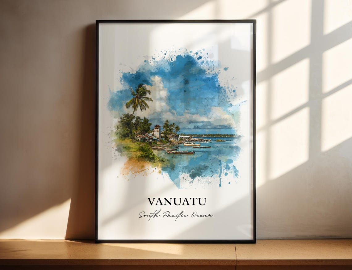 Vanuatu South Pacific Harbor Boats Watercolor Island Art Poster