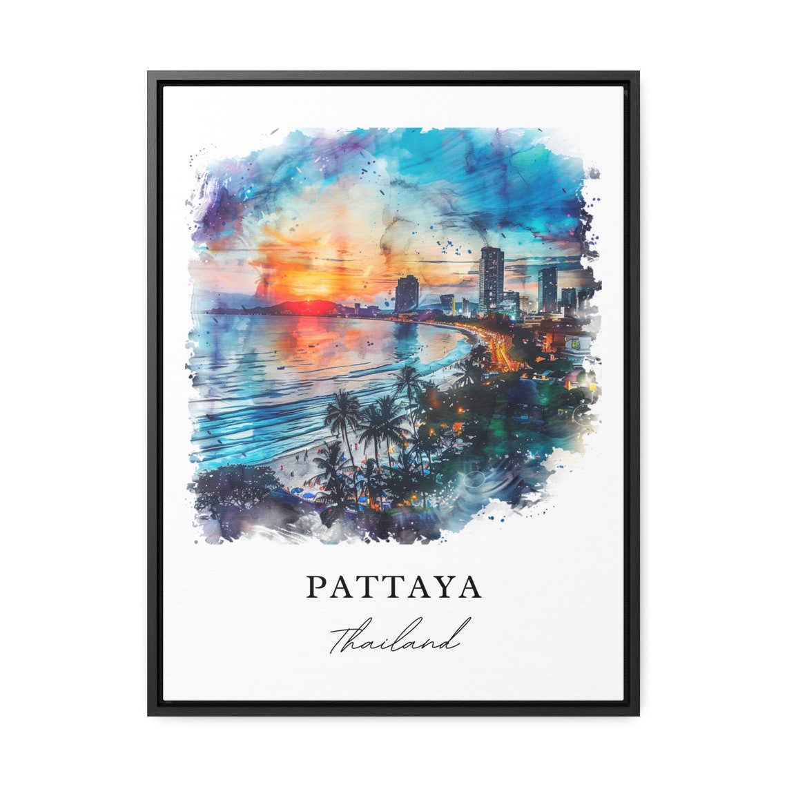 Pattaya Thailand Beach Sunset Watercolor Cityscape Skyline Poster - Image 3
