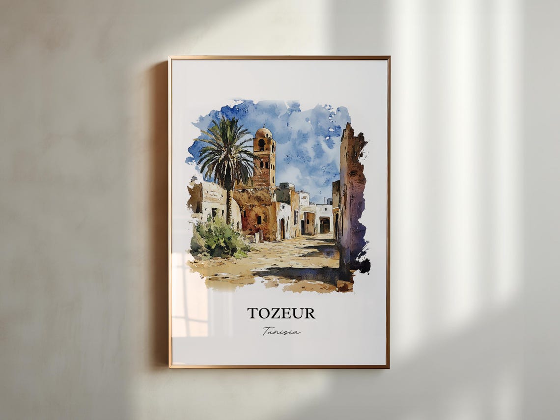 Tozeur Tunisia Old Desert Town Tower Palm Watercolor Travel Poster - Image 5