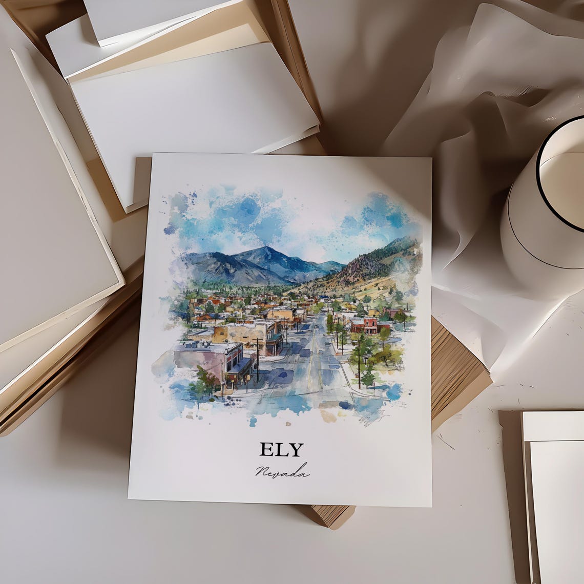 Ely Nevada Historic Mountain Town Main Street Watercolor Travel Poster - Image 3