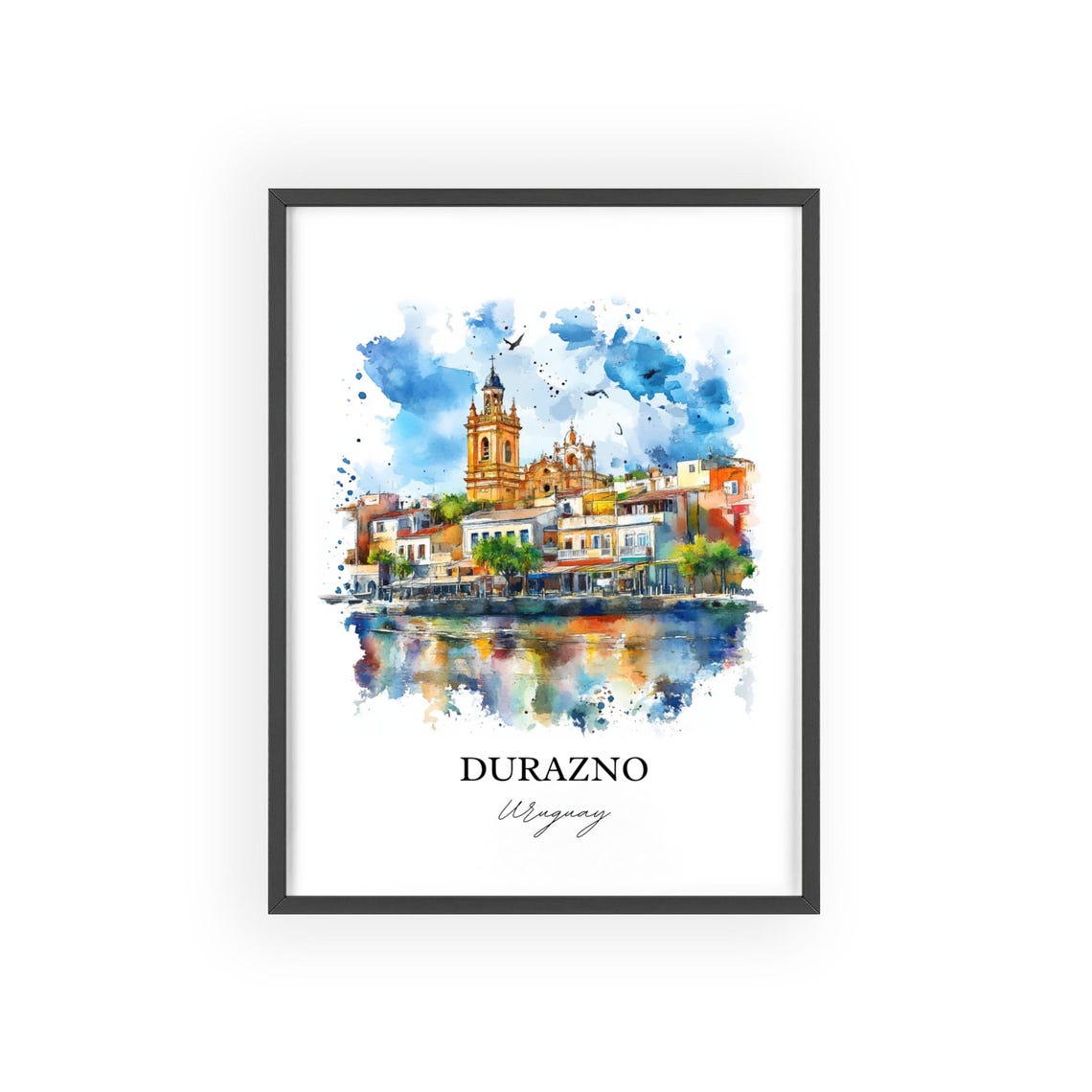 Durazno Uruguay Watercolor Waterfront Church Tower Reflection Poster - Image 5
