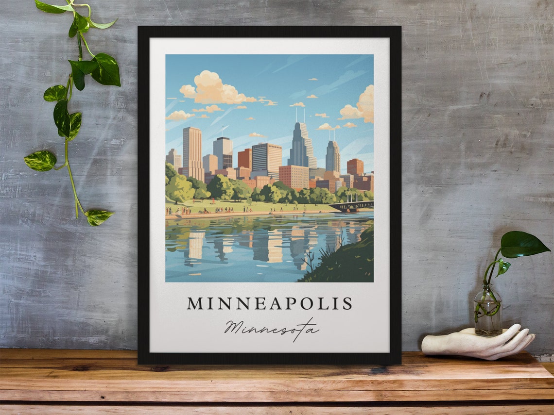 Minneapolis Minnesota Skyline Riverfront Park Illustration Poster