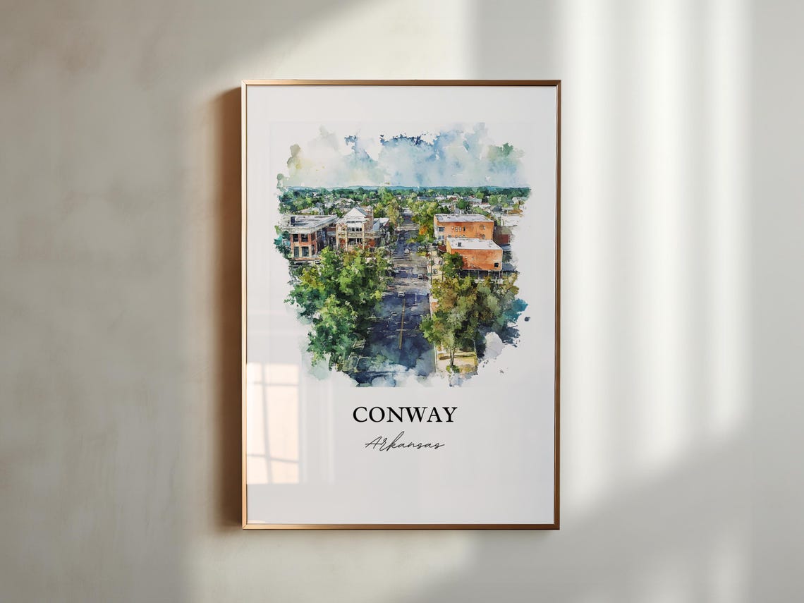 Conway Arkansas Tree Lined Street Aerial Watercolor Travel Poster - Image 2