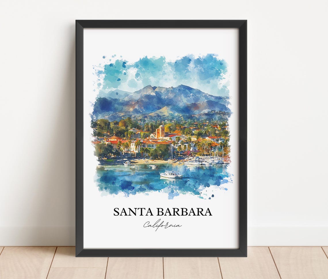 Santa Barbara California Watercolor Harbor Mountain Scene Poster - Image 4