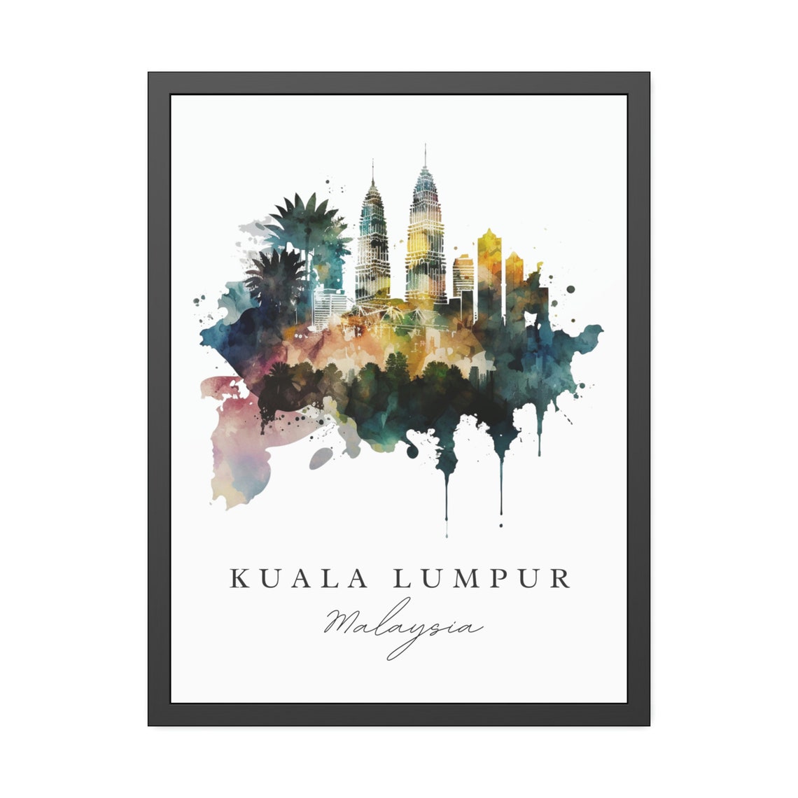 Kuala Lumpur Malaysia Watercolor Skyline Towers Travel Poster - Image 2