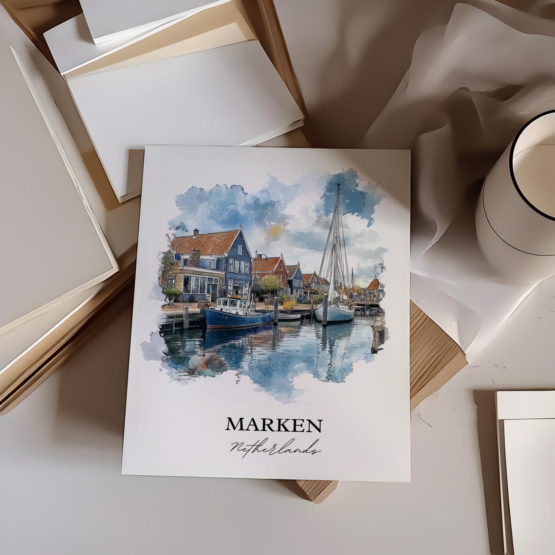 Marken Netherlands Fishing Harbor Boats Watercolor Travel Poster - Image 5