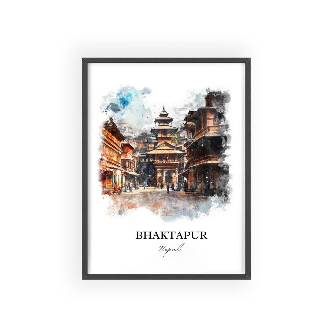 Bhaktapur Nepal Watercolor Pagoda Temple Square Travel Poster - Image 2