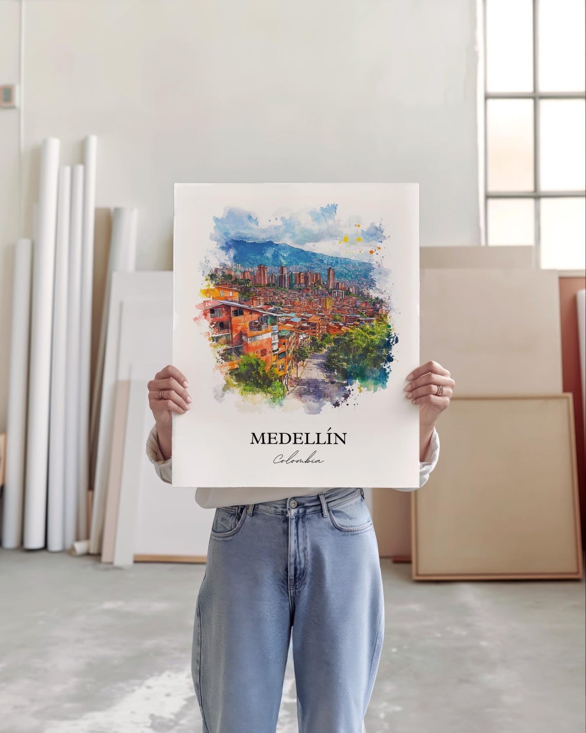 Medellin Skyline Watercolor Travel Poster, Colombia - Image 4
