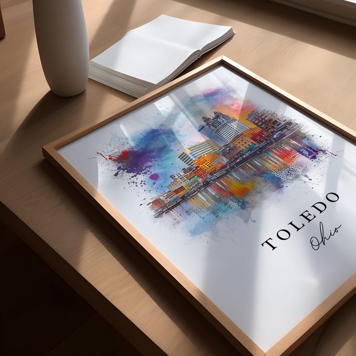 Toledo Ohio Riverfront Skyline Reflection Watercolor City Art Poster - Image 5