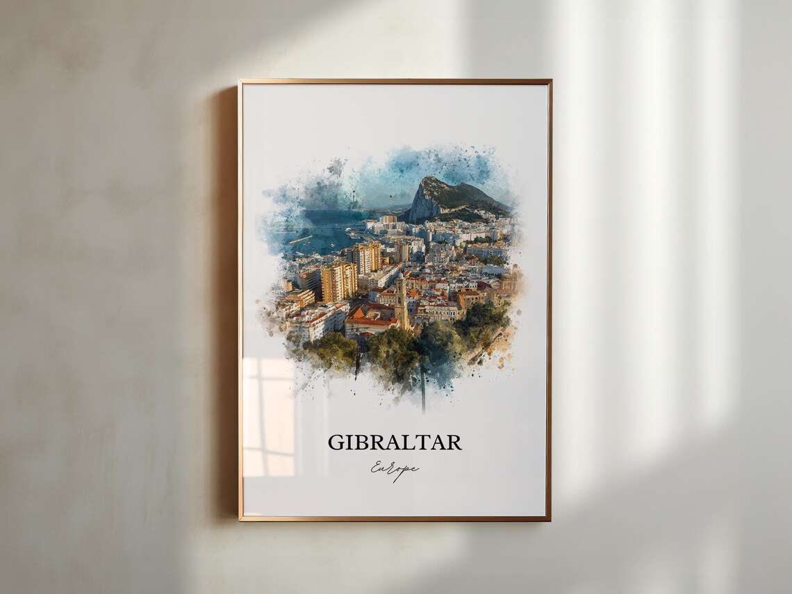 Gibraltar The Rock City Watercolor Aerial View Travel Europe Poster - Image 5