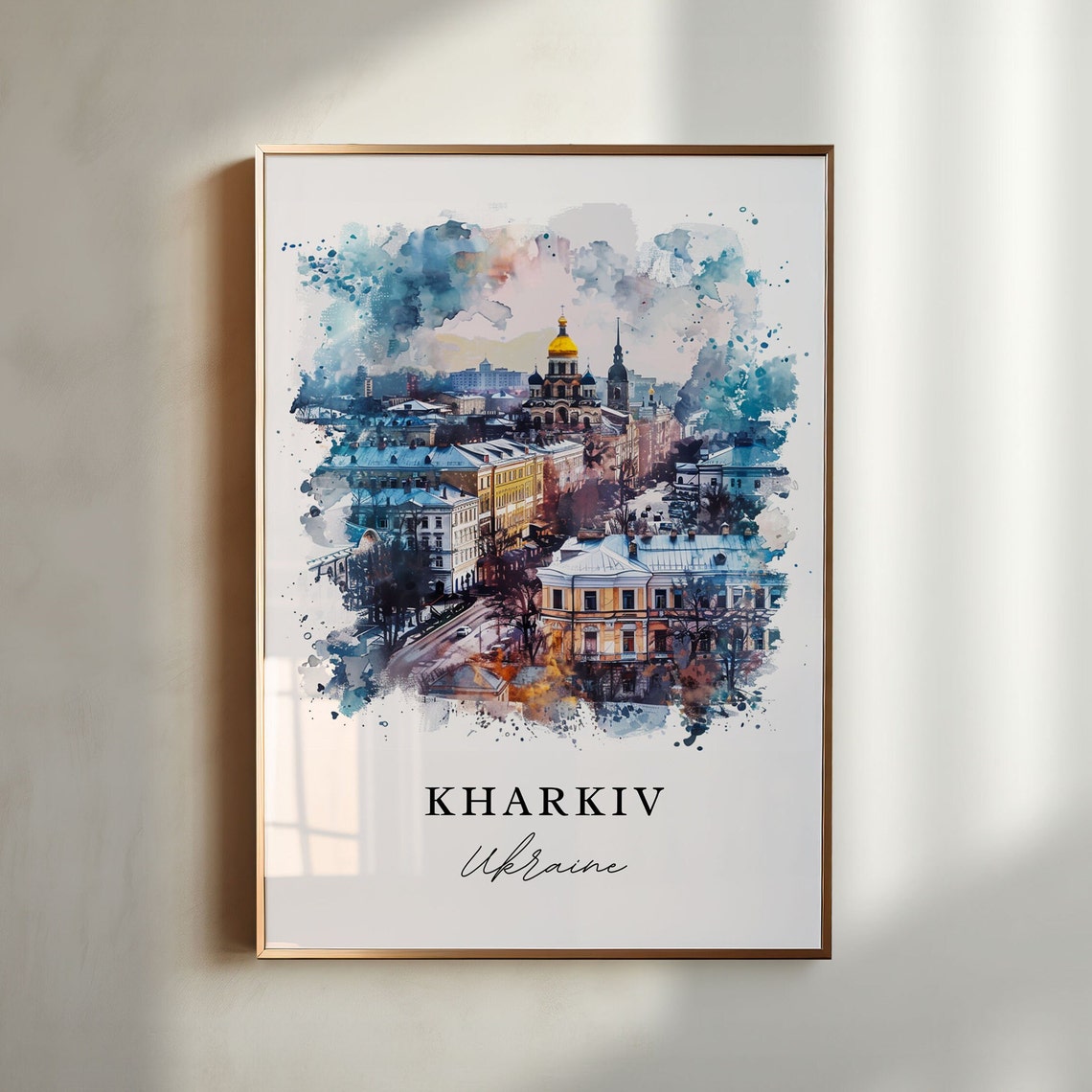 Kharkiv Ukraine Golden Dome Cathedral Watercolor Cityscape Poster