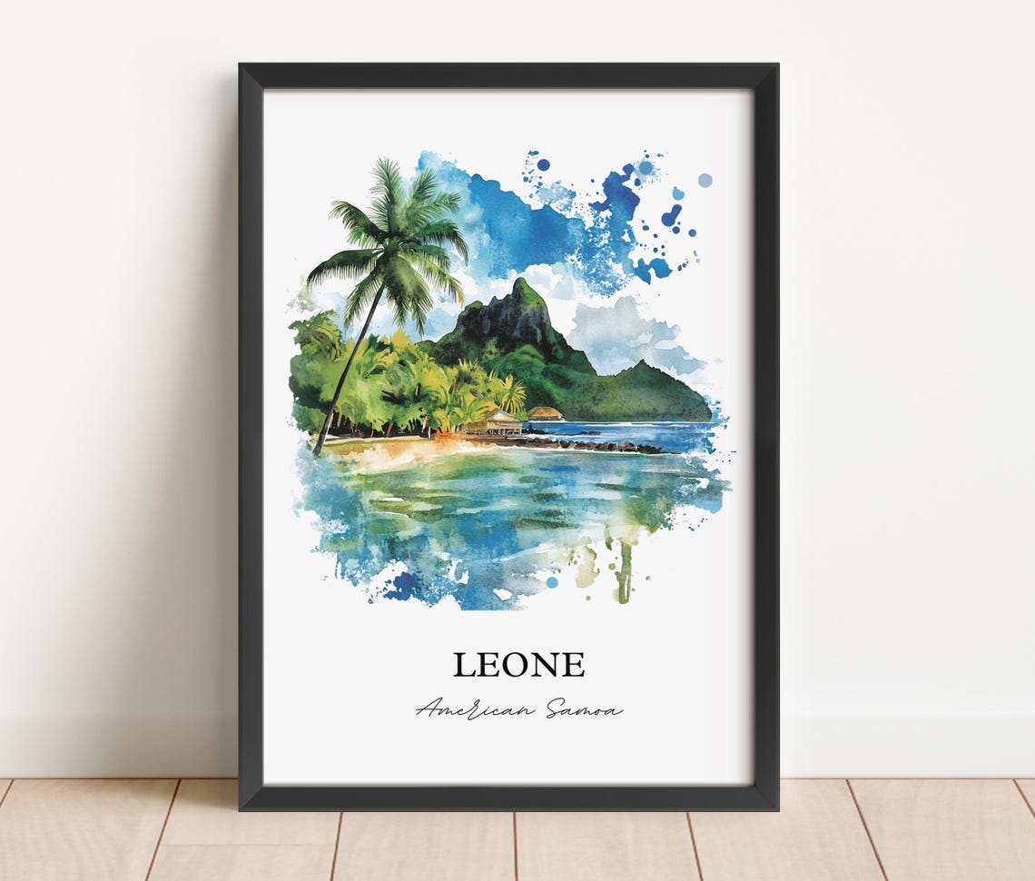 Leone American Samoa Palm Lagoon Mountain Watercolor Travel Poster - Image 3