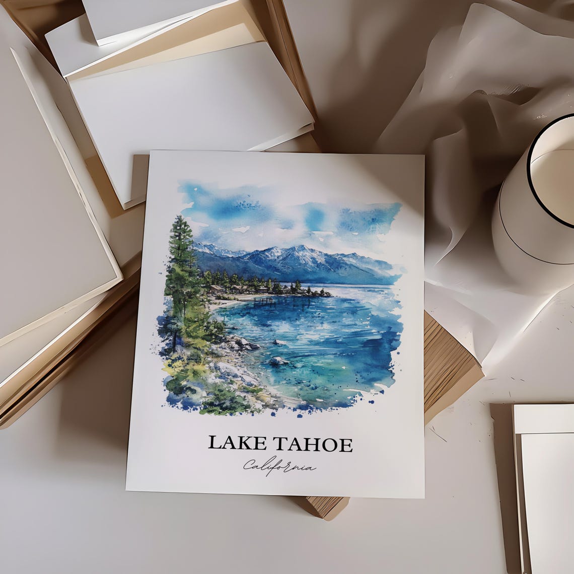 Lake Tahoe California Watercolor Turquoise Water Snow Mountains Poster - Image 2