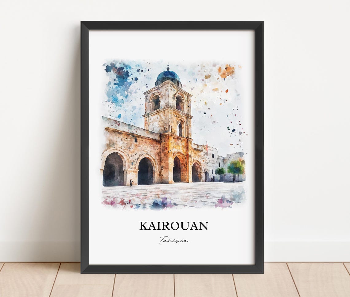 Kairouan Tunisia Historic Grand Mosque Watercolor Travel Poster - Image 2