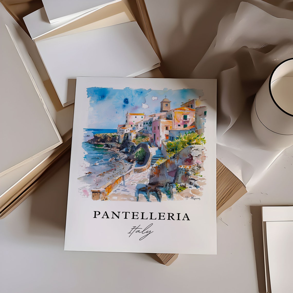 Pantelleria Italy Cliffside Village Coast Watercolor Island Poster - Image 6