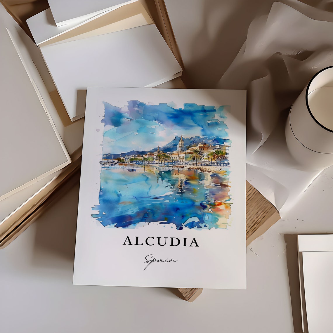 Alcudia Spain Mallorca Coastal Town Watercolor Bay Travel Art Poster - Image 6