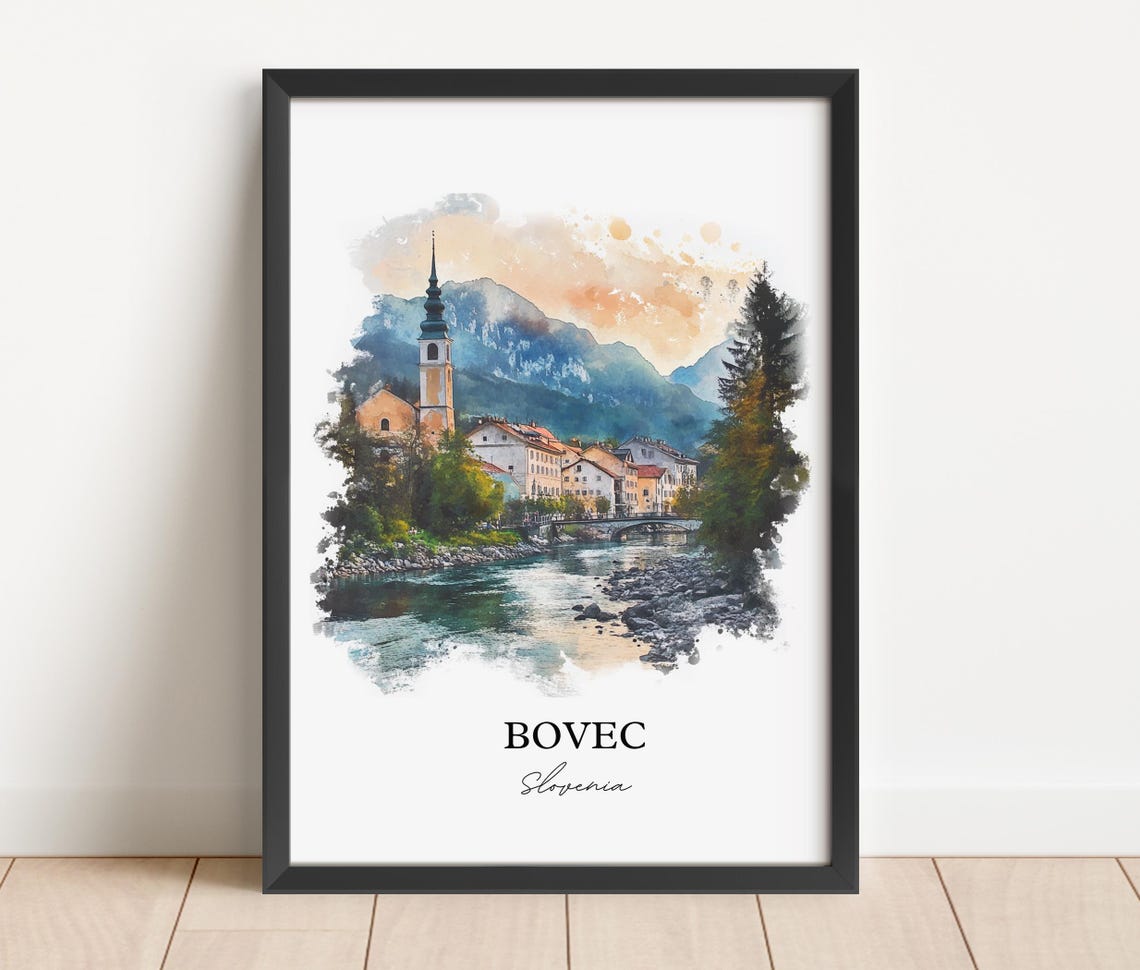 Bovec Slovenia Alpine Riverside Town Watercolor Skyline Travel Poster - Image 4
