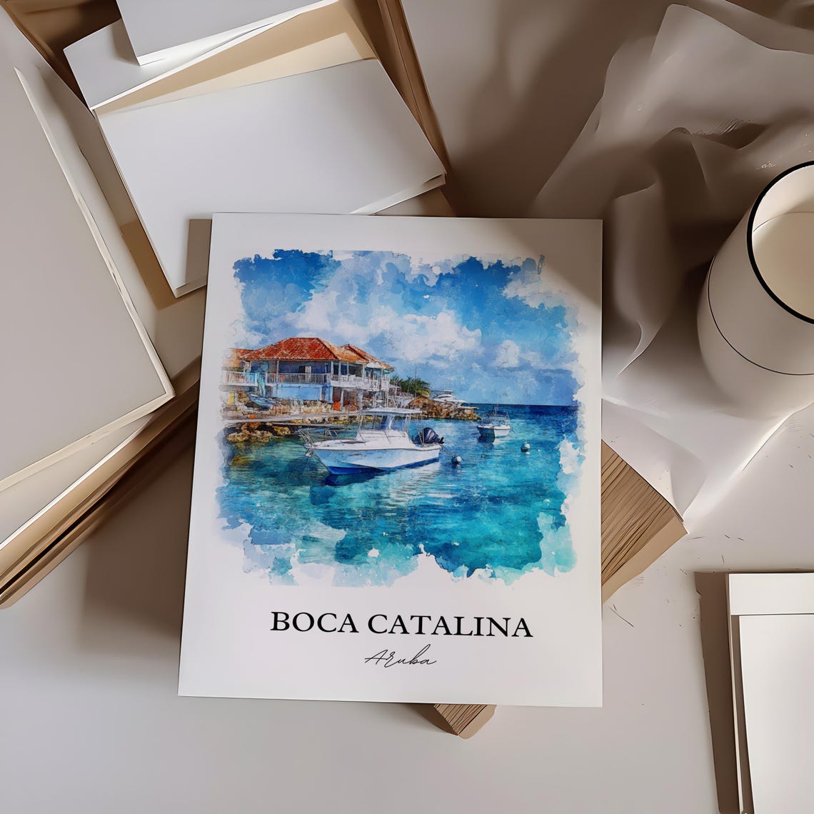 Boca Catalina Aruba Watercolor Beach House Boats Cove Poster - Image 4