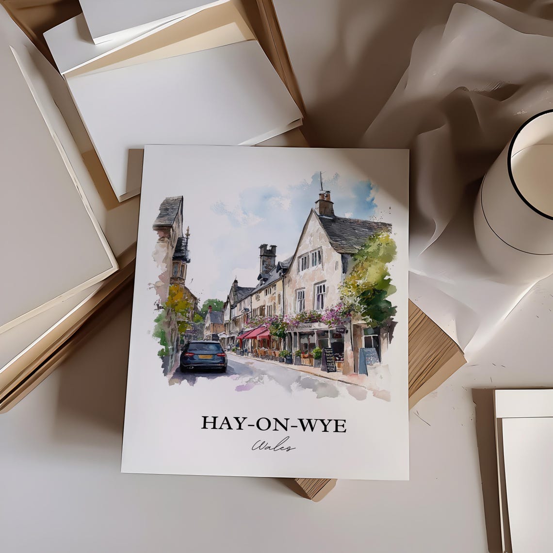 Hay-on-Wye Wales Book Town Street Watercolor Village Travel Poster - Image 3