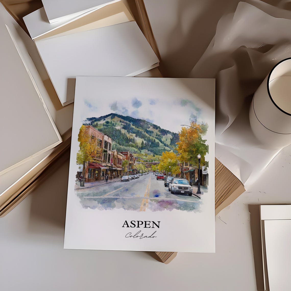 Aspen Colorado Autumn Downtown Watercolor Ski Mountain Travel Poster - Image 3