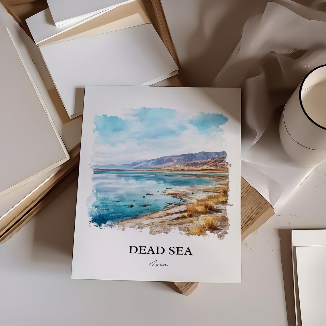 Dead Sea Asia Salt Lake Shoreline Watercolor Landscape Travel Poster - Image 3