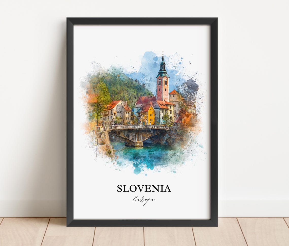 Slovenia Europe Riverside Church Tower Watercolor Travel Poster - Image 4