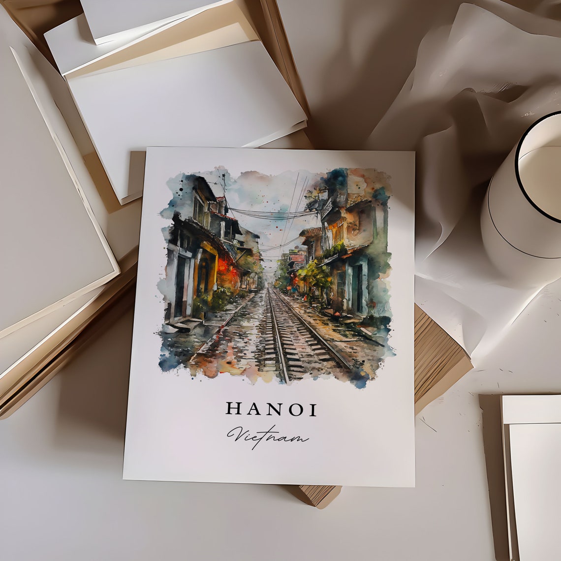 Hanoi Vietnam Watercolor Train Street Old Quarter Scene Poster - Image 6