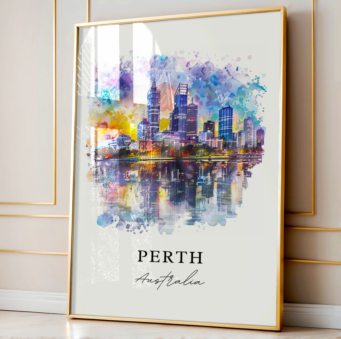 Perth Australia City Skyline Sunset Watercolor Splash Art Poster - Image 3