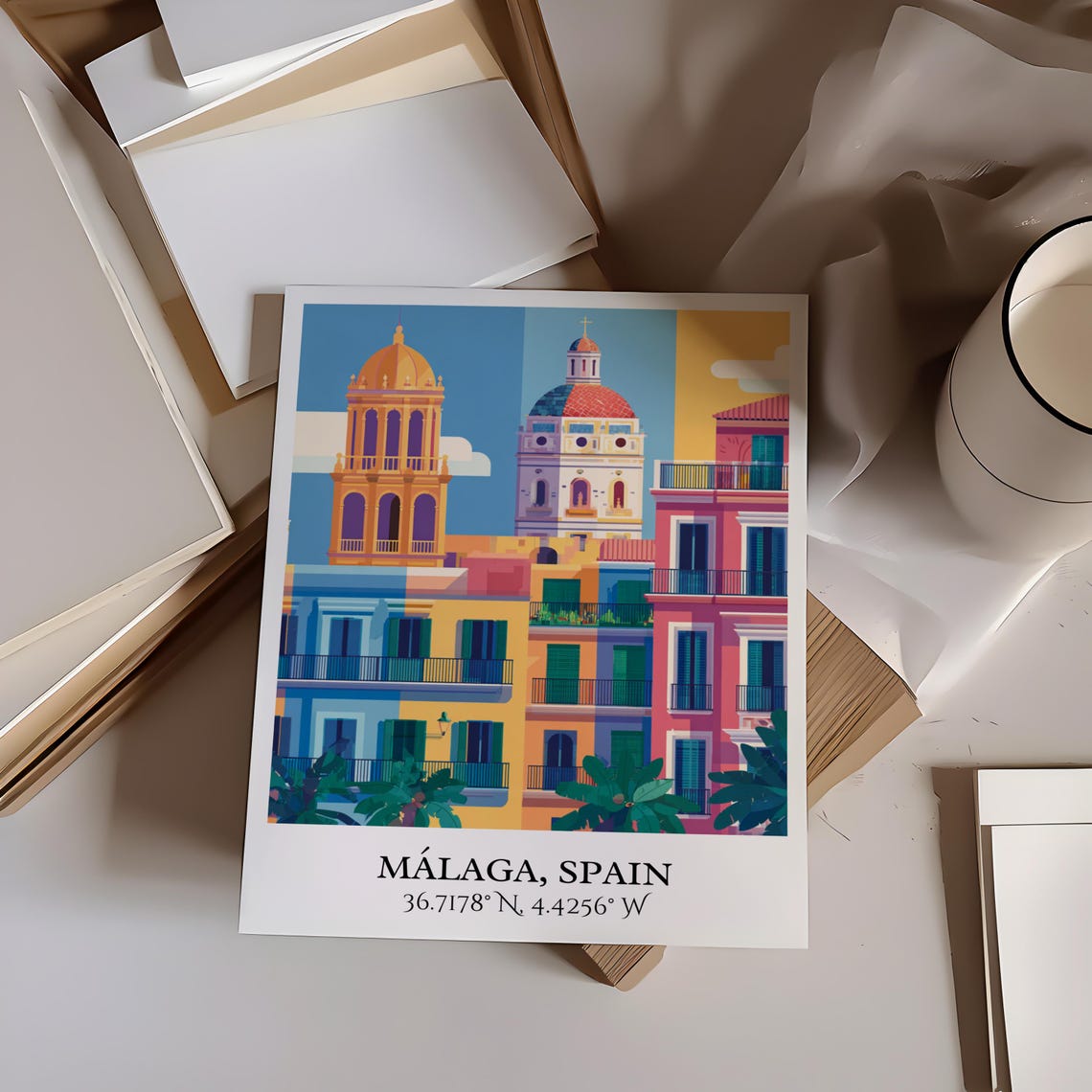 Malaga Spain Cathedral Towers Colorful Old Town Travel Poster - Image 4