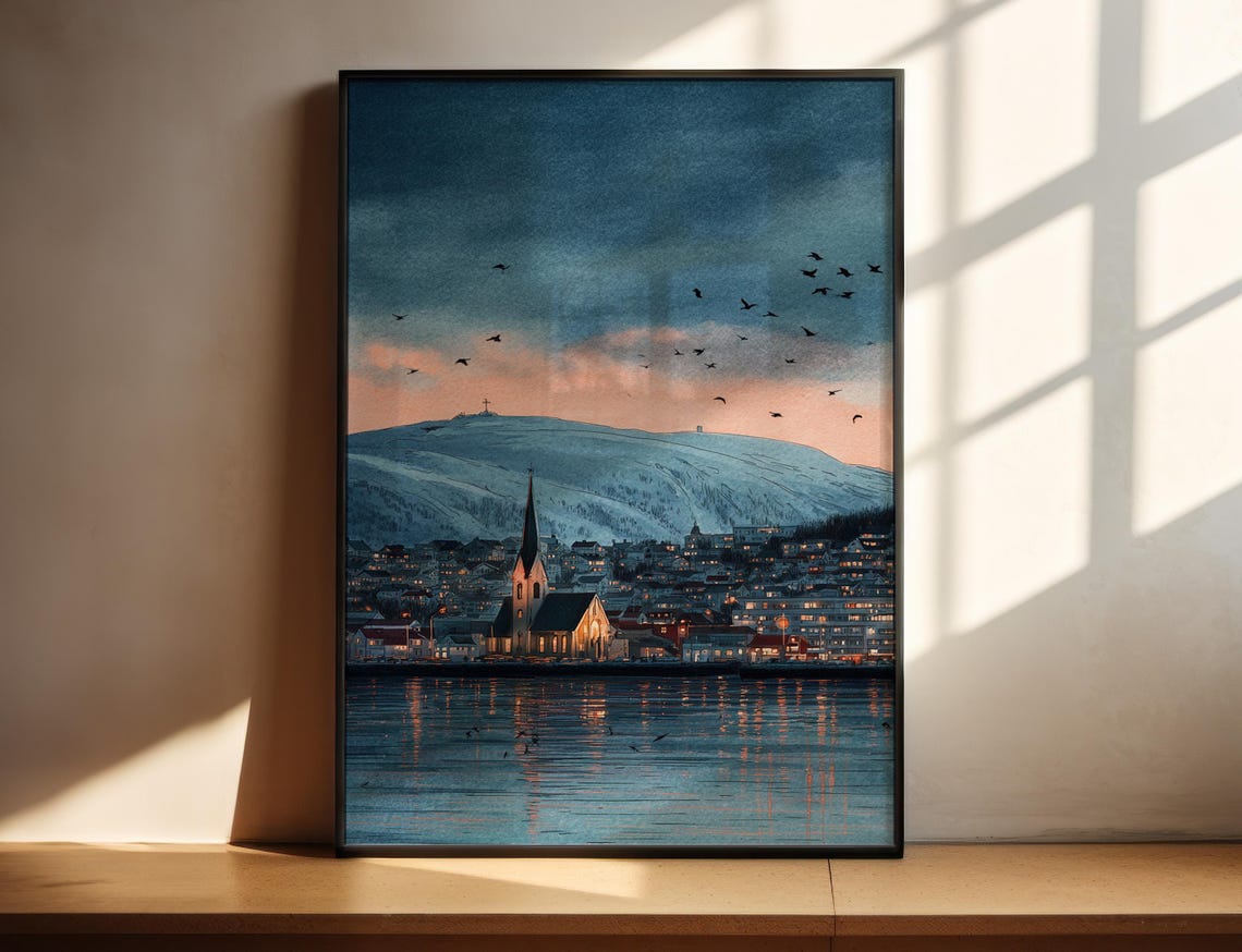 Tromso Norway Watercolor Art Travel Print Artwork Troms Skyline Decor Wall