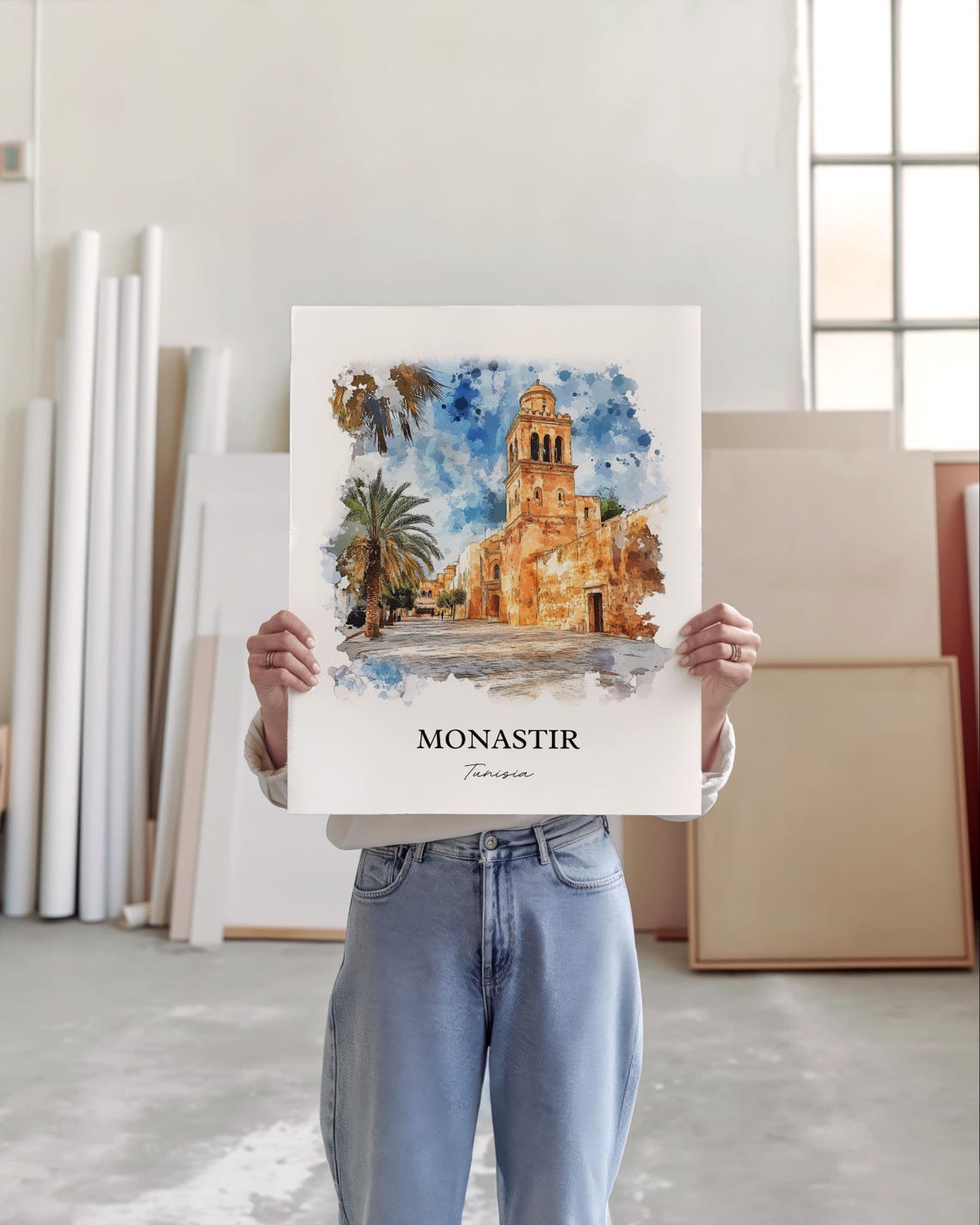 Monastir Tunisia Historic Mosque Palm Trees Watercolor Travel Poster - Image 5