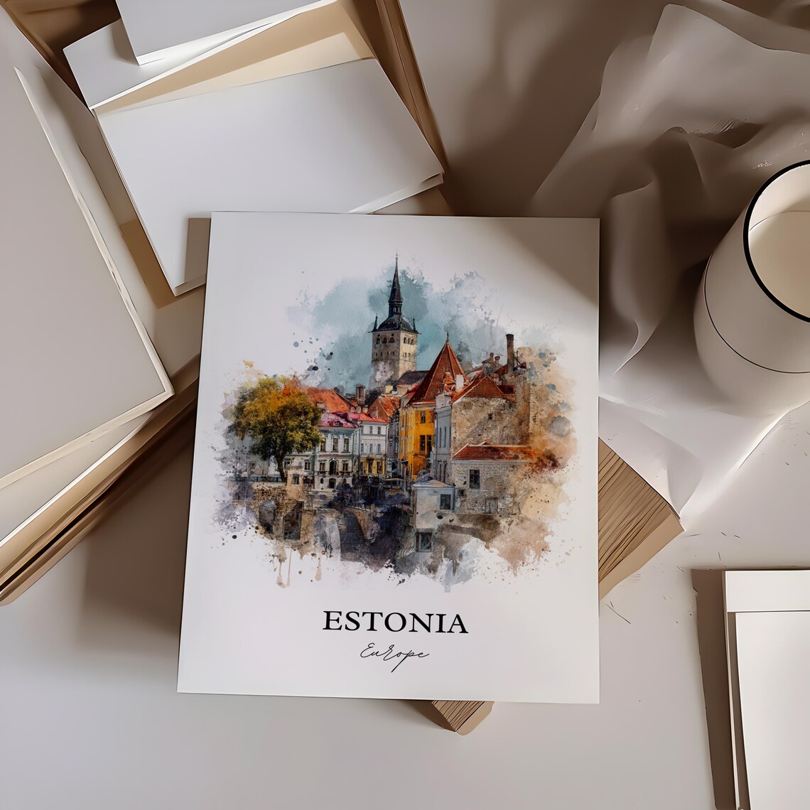 Estonia Tallinn Old Town Tower Watercolor Europe Travel Poster - Image 2