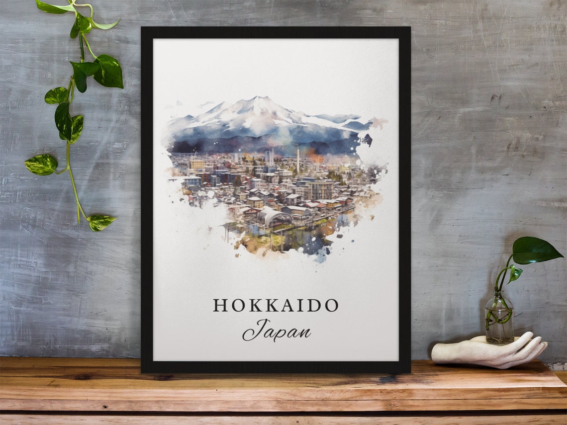 Hokkaido Japan Watercolor Snowy Mountain City Winter Art Poster - Image 3