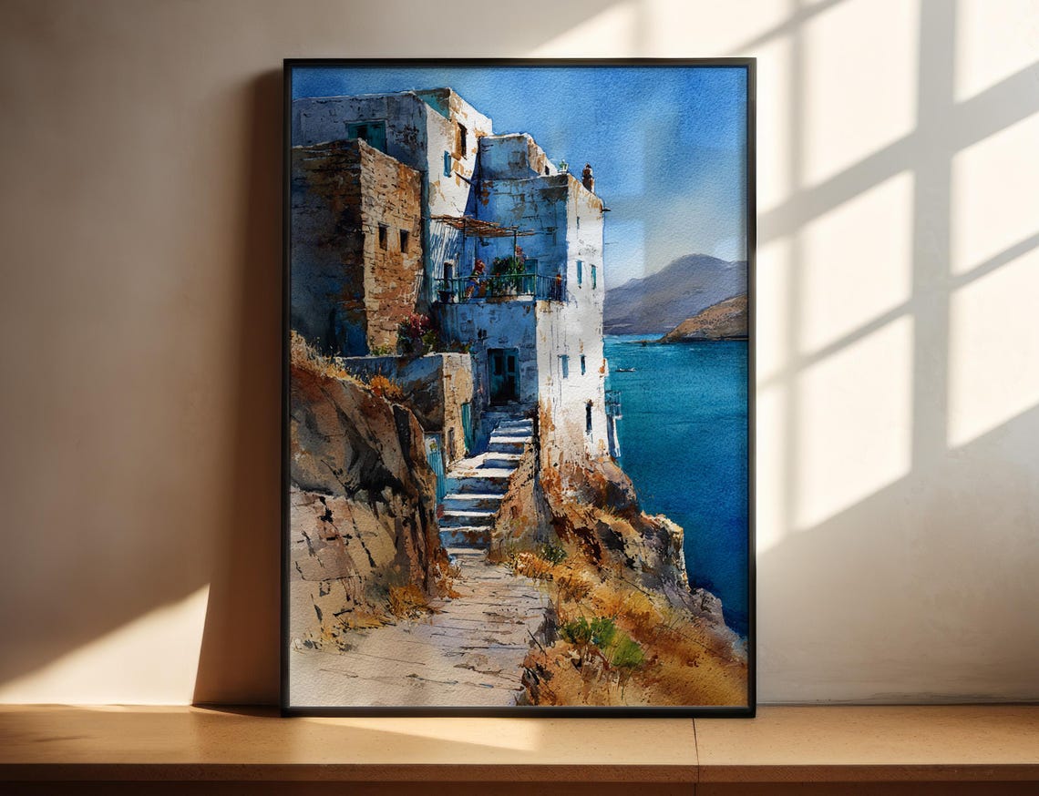 Patmos Greece Whitewashed Cliff Village Aegean Watercolor Poster
