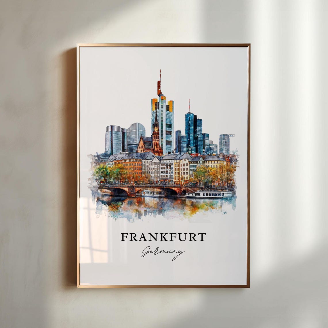 Frankfurt Germany Watercolor Modern Skyline River Scene Poster - Image 5