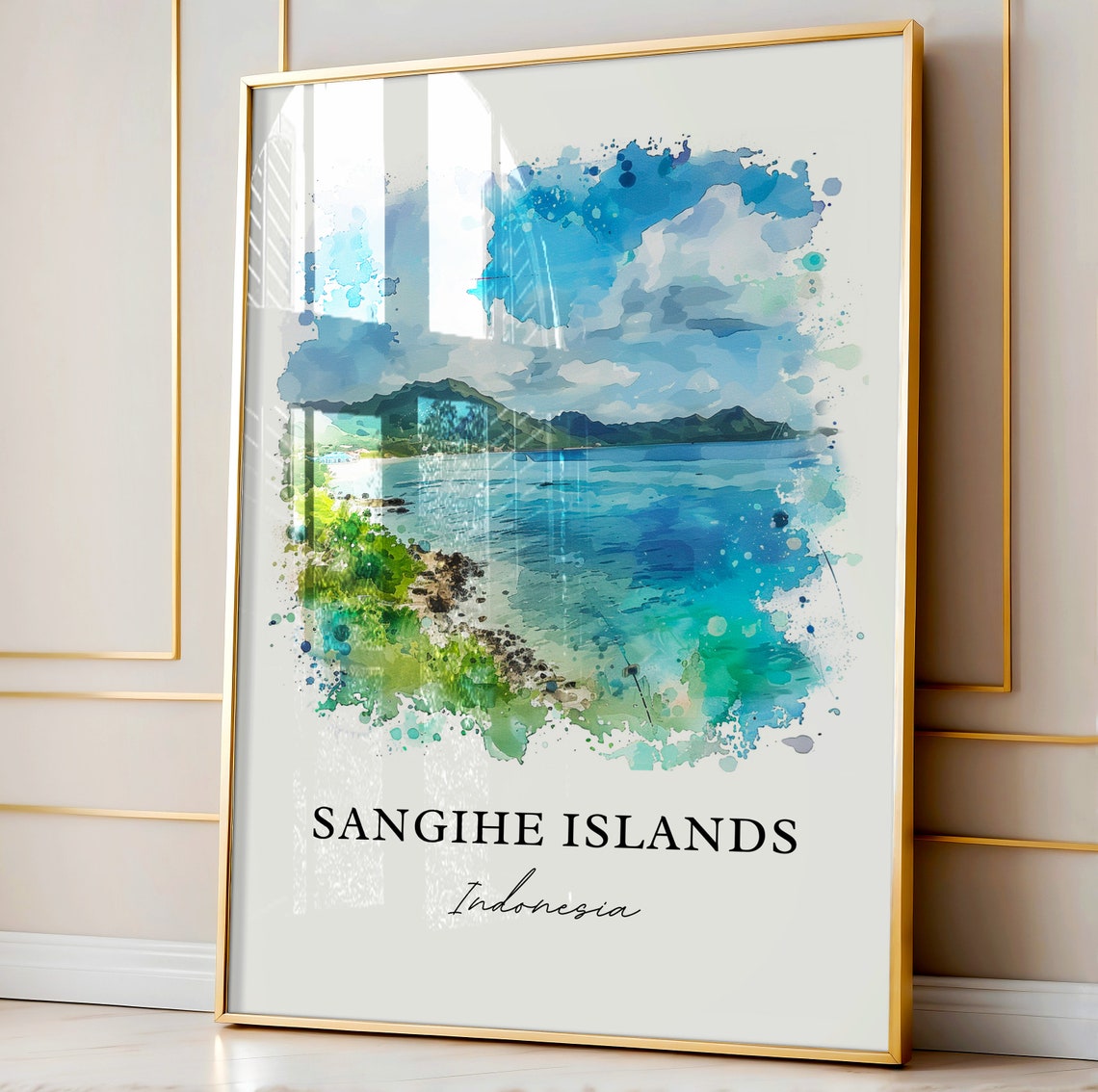 Sangihe Islands Indonesia Tropical Cove Watercolor Island Beach Poster - Image 4