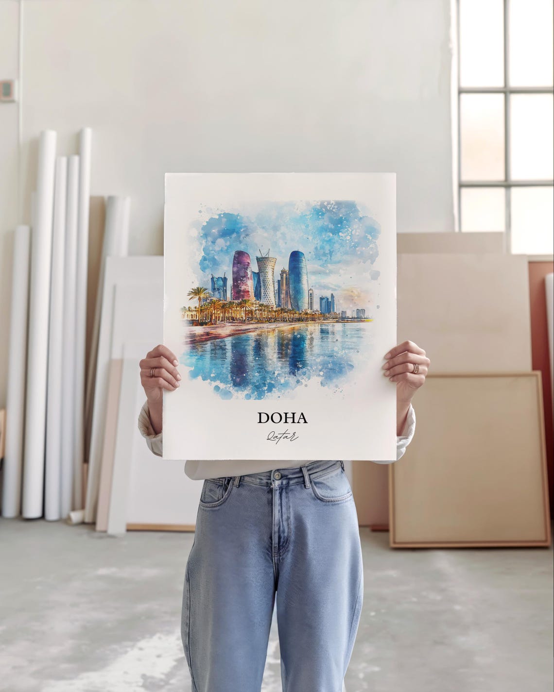 Doha Qatar Waterfront Modern Skyline Watercolor Travel Poster - Image 3