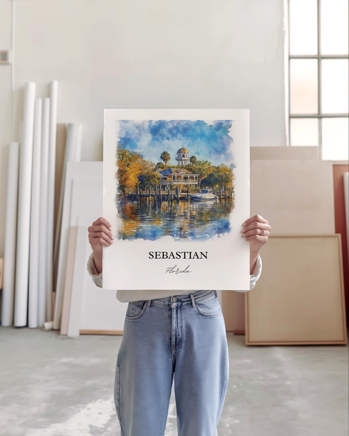 Sebastian Florida Riverfront Waterfront Boat Harbor Watercolor Poster - Image 3
