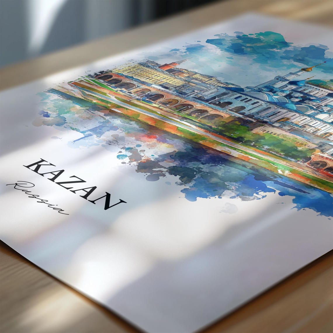 Kazan Russia Watercolor Mosque Minarets River View Travel Poster - Image 6
