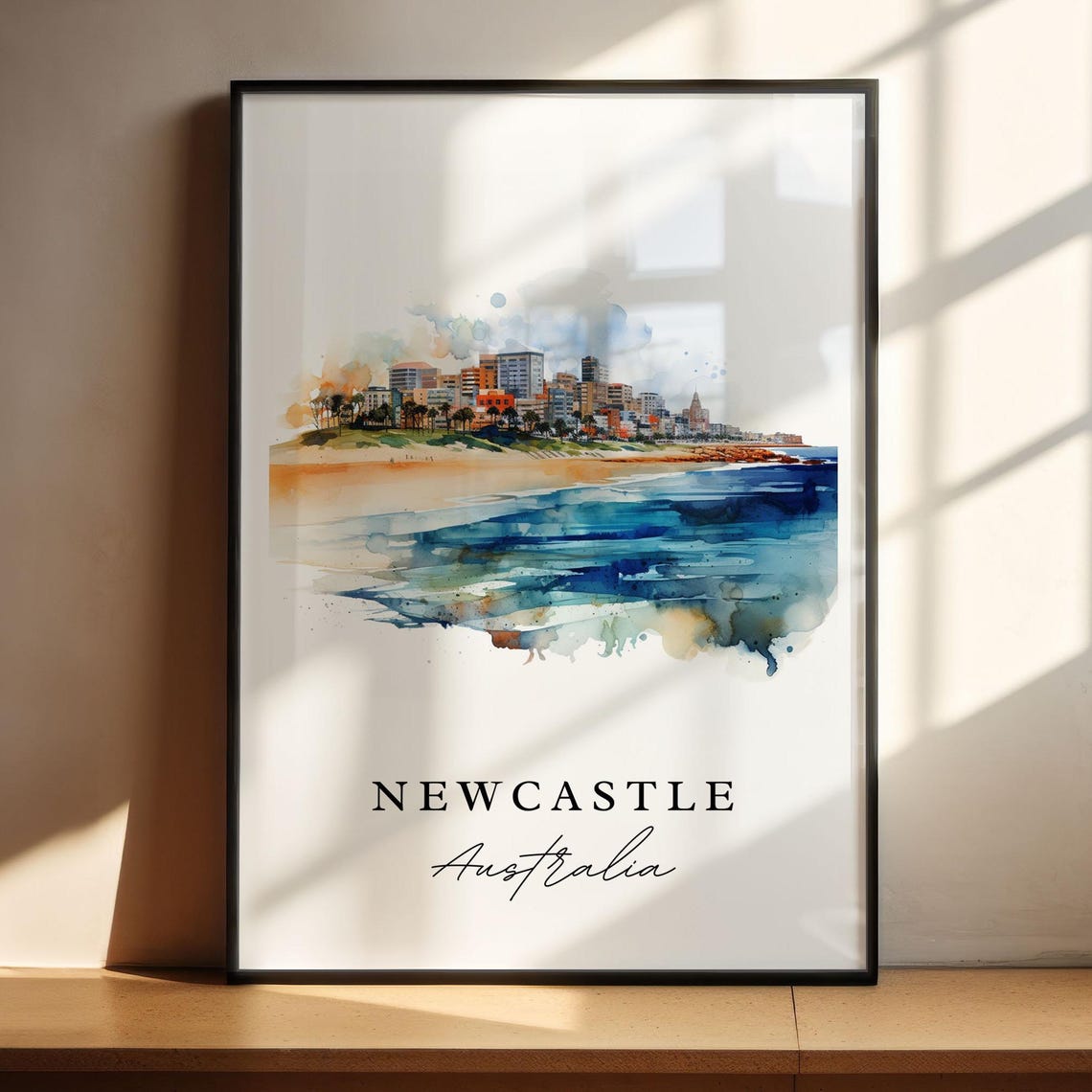Newcastle Australia Beachfront Cityscape Watercolor Art Poster - Image 4