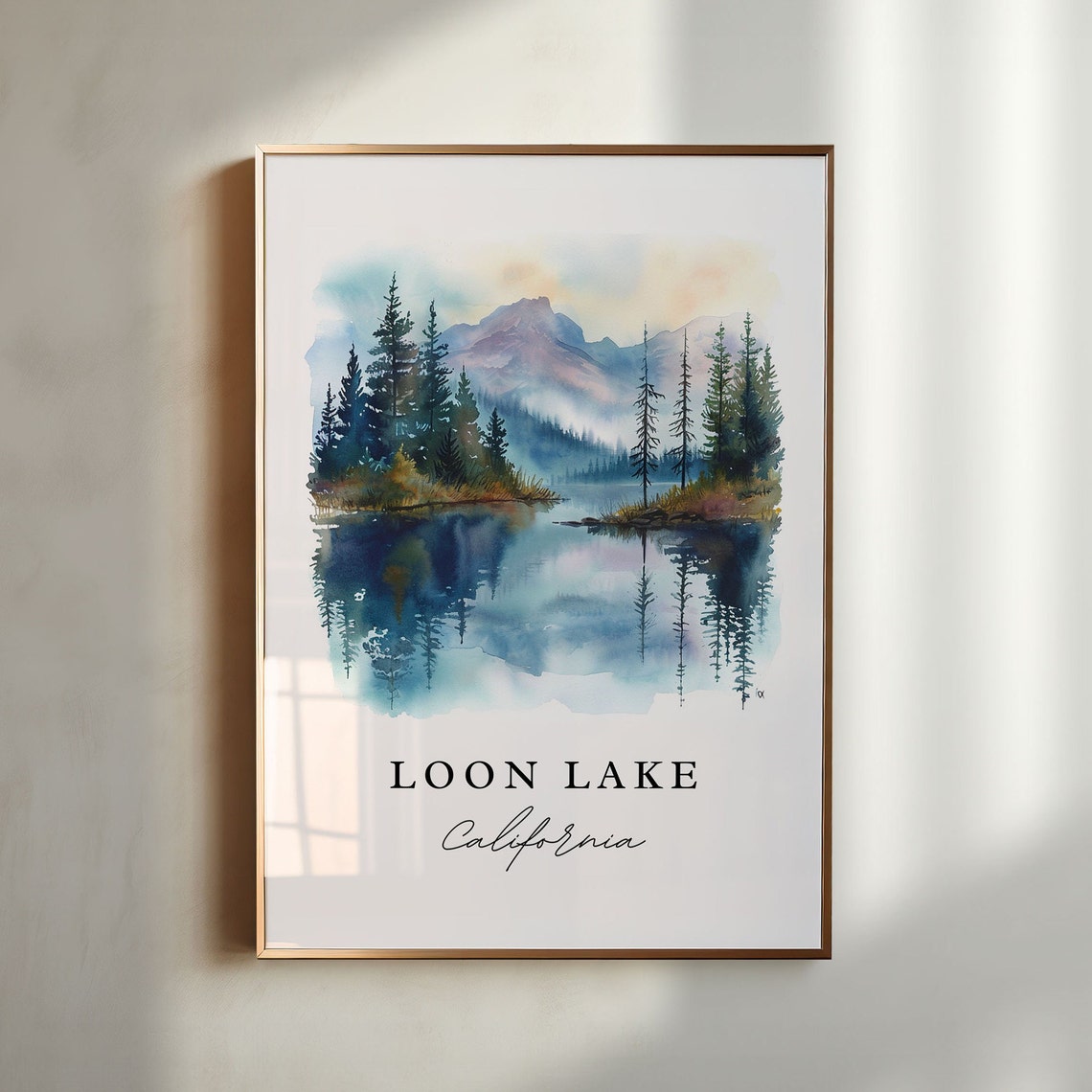 Loon Lake California Pine Forest Mountain Reflection Watercolor Poster
